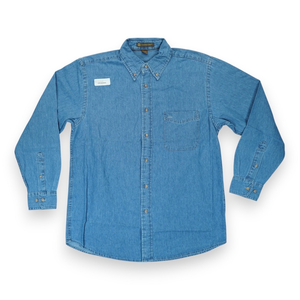 NWT Harriton Denim Button Down Shirt Men Medium Blue Pocket ‎ Long Sleeve